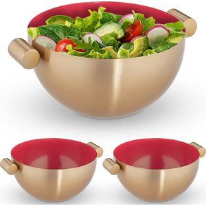 Relaxdays 3x serveerkom rvs - saladeschaal hoog - mengkom goud - metalen schaal 2 liter