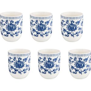 HAES DECO - Mokken set van 6 - formaat Ø 6x8 cm / 100 ml - kleuren Blauw / Wit - Bedrukt met Chinese Bloemen - Collectie: Mok - Mokkenset, Koffiemok, Koffiebeker