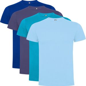 4 Pack Dogo Premium Heren T-Shirt 100% katoen Ronde hals Sky blue, Kobalt blauw, Denim, Aqua Maat L
