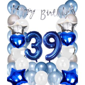 Snoes Ballonnen 39 Jaar Set Mega Blauw Zilver Ballon - Compleet Feestpakket Cijferballon 39 Jaar - Verjaardag Versiering Slinger Happy Birthday – Folieballon – Latex Ballonnen - Helium Ballonnen