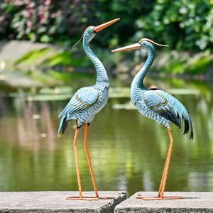 Set Van 2 Blauwe Kraanvogel Tuinbeelden - Metalen Reiger Decoratie Voor Tuin, Veranda & Terras (80 cm)