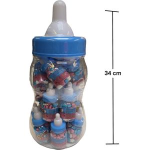 Candy Fun Bottle Feeders - Grote babyfles gevuld met 20 kleine baby flesjes - blauw - Geboorte versiering jongen - cadeau - snoep - traktatie - Spaarpot