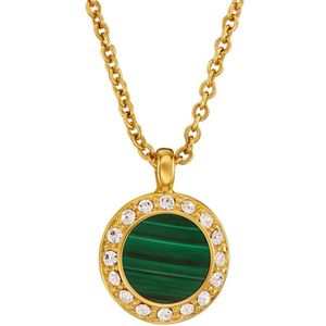 Traveller Ketting met Hanger - Dames - 22kt Verguld - Echt Malachiet - Groen - Kristal - Ø 11mm - 40 + 4 + 4 cm - Preciosa Crystals - Uniek - 112504
