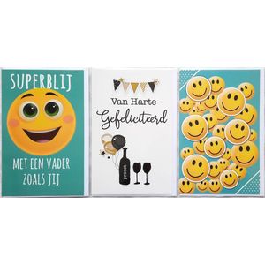 3 Wenskaarten - Vaderdag + Van harte Gefeliciteerd + Blanco Kaart met Smiley’s - 12 x 17 cm – VAD-302