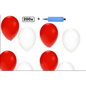200x Ballonnen rood en wit + ballonpomp - Ballon carnaval festival feest party verjaardag landen helium lucht thema
