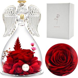 Eeuwige Roos met Engel Figuur, Geschenken voor Vrouwen, Verjaardagscadeau voor Vrouwen, Geschenken voor Moeder/Oma, Eeuwige Roos in Engelen Glazen Koepel, Moederdag Geschenken (Rood)