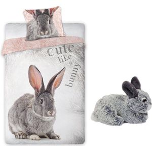 Dekbedovertrek "" Cute "" konijn - 140 x 200 cm - katoen - incl. pluche knuffel