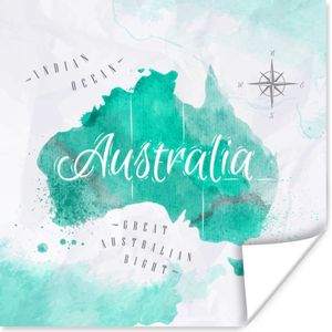 Muurdecoratie - Wereldkaart - Australië - Turquoise - 50x50 cm - Poster