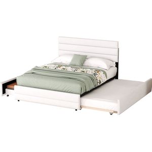 Merax Tweepersoonsbed 140 x 200 - Bedframe met 2 Lades en extra Uitschuifbaar Bed 90 x 190 - Wit