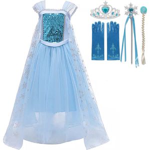Prinsessenjurk Meisje - Verkleedjurk - maat 110/116 (120) - Tiara - Kroon - Toverstaf - Handschoenen - Juwelen - Verkleedkleren Meisje - Prinsessen Verkleedkleding - Kinderen - Blauw - Het Betere Merk