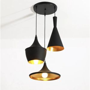 Hangende Moderne Luxe Aluminium Hanglamp met Gouden Binnenafwerking, Nieuw Ontwerp Kunst Hanglamp, Zwart/Goud Retro Hanglamp - Set van 3 Industriële Plafondlampen - Voor in de Eetkamer/Woonkamer