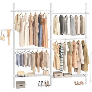 FurnStar Telescopische Kledingstandaard – 3-Traps Garderobe – Verstelbaar in Hoogte en Breedte – Open Kledingkast met 4 Stangen & 2 Planken – Grijparm – Mat Wit