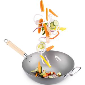 Navaris grote wokpan geschikt voor inductie - Koolstofstalen wok met twee handvaten - Carbon steel wok 30 cm diameter - Voor roerbak- en wokgerechten