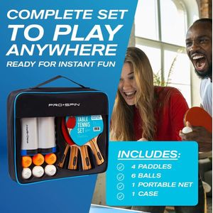 PRO SPIN Draagbare Tafeltennis Set | All-in-One Kit met Verplaatsbaar Tafeltennisnet voor Elke Tafel, Tafeltennis Batjes, Ping Pong Ballen & Opbergkoffer | Voor Binnenspel en Pingpong Outdoor