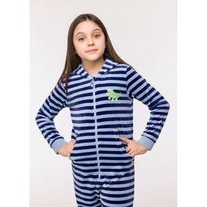 Woody onesie unisex velours - blauw gestreept - dino - 242-10-ONE-V/929 - maat 152