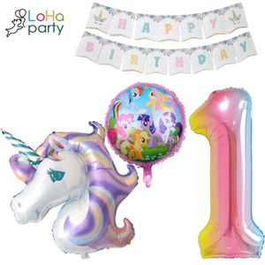 Loha-party® XXL Unicorns met XXL cijfer 1 Versiering ballonen-Little pony-Folie Cijfer 1 Ballon -Eenhoorn Folie Ballon 1e Verjaardag Versiering-Unicorn Ballon Decoratie Feest Versiering-XXL-80cm Cijfer 1-Happy birthday-Folie ballonnen