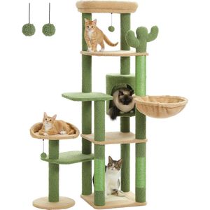 Kattenu krabpaal Cactus 6-in-1 Style E - 150 cm hoog - Groen - Hoge krabpaal voor katten - Kattenboom met katten klimmuur