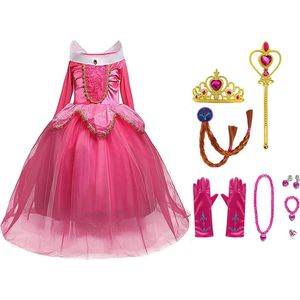 Prinsessenjurk - Roze - maat 134/140 (140) - Kroon - Toverstaf - Korte Handschoenen - Juwelen - Verkleedkleren Meisje - Carnavalskleding meisje - Cadeau meisje - Kleed - Verjaardag meisje