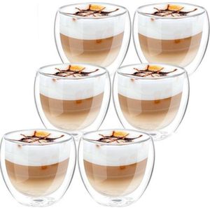 Dubbelwandige glazen, dubbelwandige koffieglazen, koffiekopjes, glas, thermoglazen, espressokopjes, glas, set van 6 (250ml)