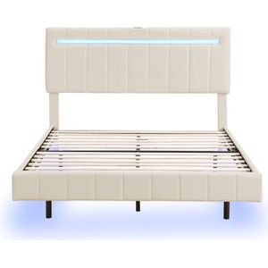 Gestoffeerd bed 140x200cm Tweepersoonsbed (zonder matras) met LED Linnen Beige