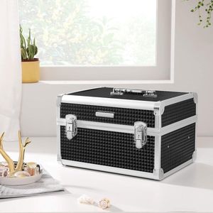 Cosmeticakoffer, make-upkoffer voor op reis, make-upkoffer, opslag, kappers en visagisten, met uitneembaar dienblad, met sloten, zwart HMTM-BC-30027-BLACK