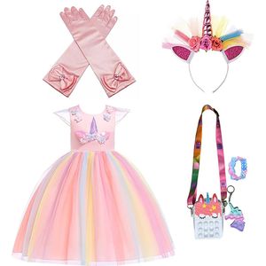 Unicorn - Prinsessenjurk meisje - Fidget toys - Lange handschoenen - Roze jurk - Eenhoorn - Haarband - Het Betere Merk - maat 116/122 (130) - Verkleedkleren Meisje