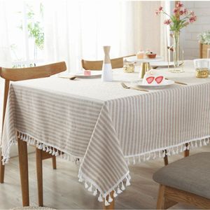 Tafelkleed van gestreept katoen linnen met kwastjes - Stofdichte tafelhoes - Rechthoekig tafelkleed - Verschillende maten - Geschikt als tafeldecoratie in de keuken en eetkamer (140 x 180 cm)