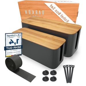 Kabeldoos Zwart [Set van 2 | Large & Medium] van ABS Kunststof met Bamboe Deksel & Rubberen Voetjes - Incl. Kabelhouder Kabelbinder & Kabelbuis Kabel organiser