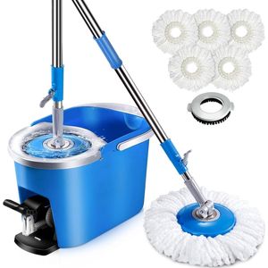 Dweilmop set met emmer, posemmer en dweilset en 5 dweilkop, vloerwisserset met uitwringfunctie en telescoopsteel, wisser compleet voor hardhouten tegelvloeren, 1 borstelkop