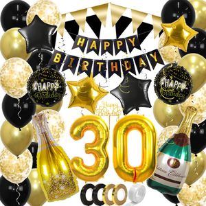 30 Jaar Feest Verjaardag Versiering Confetti Helium Ballonnen Slingers Happy Birthday Goud & Zwart Decoratie – 60 Stuks