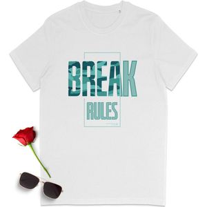 T-shirt met gezegde: Breek de regels - Tshirt met engelse quote: Break Rules - Dames t shirt met print - Heren tshirt met opdruk - Tshirt mannen - t Shirt vrouwen - Unisex maten: S M L XL XXL XXXL - Tshirt kleuren: Wit en Zwart.