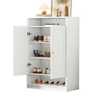 Merax Witte Schoenenkast Met Deuren Moderne Opbergkast Met Verstelbare Planken En Gouden Handgrepen 73x34x109 cm