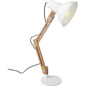 Navaris bureaulamp met houten standaard - Design lamp - Retro tafellamp - In hoogte verstelbaar en kantelbaar - Met E27 fitting - In de kleur wit
