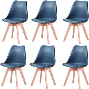 Wildor® Stoelen set van 6 - Eetkamerstoelen - Gewatteerde zitting - Beukenhout stoelpoten - Donker blauw - Zithoogte 44cm