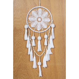 KIMU Dromenvanger Wit Kralen - Dreamcatcher Tassels Kraaltjes - Bohemian Ibiza Kinderen Boho Babykamer Buiten Kado Meisjeskamer Veertjes Mandala Festival