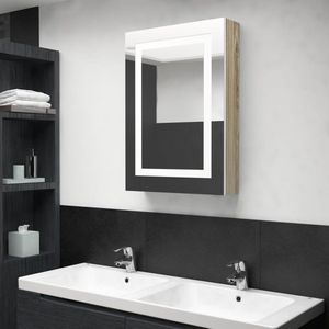 The Living Store LED-opmaakkastje wit/eiken MDF 50x13x70cm - Wandkast met spiegel en LED verlichting