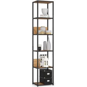 Open Boekenkast, Ladderkast, Loft Design / Metalen Vakkenkast met 6 Planken / Opbergplank / Boekenrek Opslagrek / Zwart - Craft Eik / 40 x 192 x 32 cm