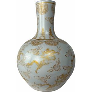 Fine Asianliving Chinese Vaas Wit Draken Goud Handgemaakt D41xH57cm