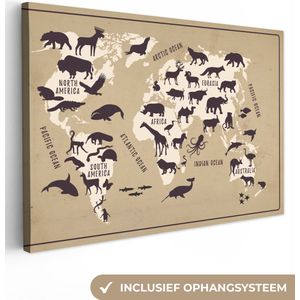 Canvas Wereldkaart - 30x20 - Wanddecoratie Wereldkaart - Beige - Dieren