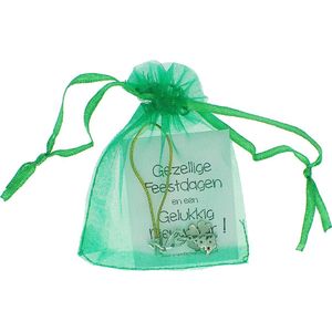 Groen kerst en nieuwjaar cadeauzakje - Wenskaartje gezellige feestdagen gelukkig nieuwjaar met cadeautje in groen organzazakje - goudkleurig hangertje met rvs kerstboompje en klavertje vier - gelukszakje - kerstcadeau - kerstwens - 2023