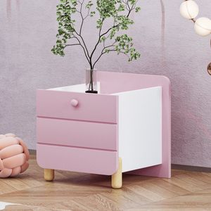 Nachtkastje, Roze, Stille Laden met Planken, Houtkleurige poten, Opbergruimte in woonkamer en slaapkamer, uniek en minimalistisch