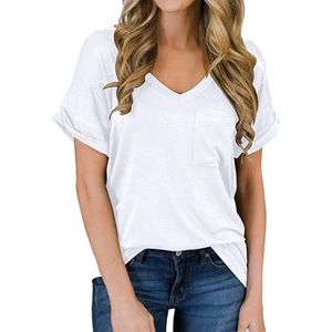 ASTRADAVI Casual Wear - Dames V-Hals T-Shirts met Borstzakje - Trendy Opgerolde Mouwen - Wit/2X-Large