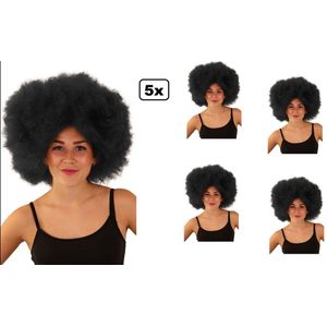 5x Afro pruik zwart disco - one size - Mega - festival disco carnaval afrokapsel 70s and 80s disco peace flower power happy together toppers