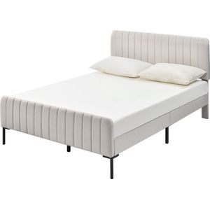 Merax Gestoffeerd Tweepersoonsbed 180 x 200 cm - Kingsize Bed met Lattenbodem en Verstelbaar Hoofdeinde - Grijs-Beige