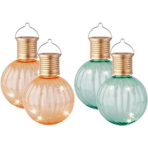 Set van 4x stuks buiten led oranje en turquoise lampion solar verlichting 11 cm