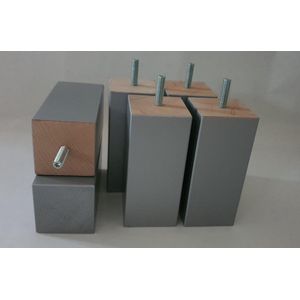 Set van 6 stuks houten Boxspring Bedden Meubelpoten Zilver Beuken 12 cm hoogte 5x5 cm met M8 draadeinde