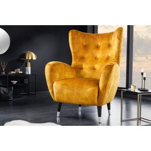Retro design fauteuil DON mosterdgeel fluweel veerkern zilveren voetdoppen - 42640