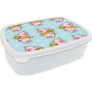 Broodtrommel Wit - Lunchbox - Brooddoos - Varken - Sjaal - Kinderen - Kerst - Patronen - 18x12x6 cm - Volwassenen