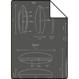 Proefstaal ESTAhome behang technische tekeningen van surfplanken donkergrijs - 26,5 x 21 cm - 128872-S