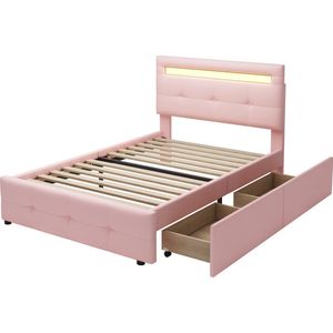 Merax Gestoffeerd Eenpersoonsbed 90x200 cm met 2 Lades - Bed met LED-Verlichting - Kinderbed - Roze